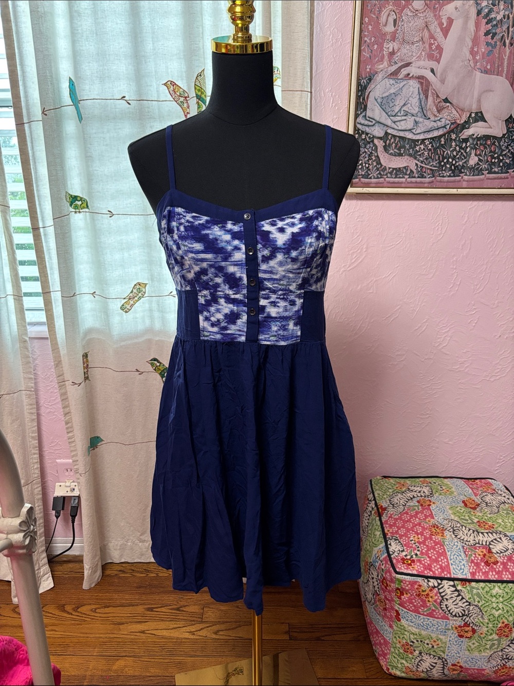 Express Navy and White Tie-Dye Bodice Spaghetti-Strap Mini Dress